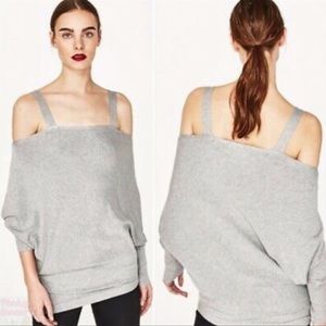ZARA Knit Gray Cold Shoulder Asymmetrical Sweater Top S Oversized